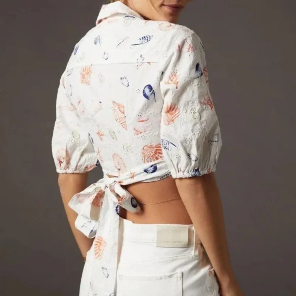 Anthropologie Maeve Puff Sleeve Wrap Crop Blouse with Eyelet and Seashells
